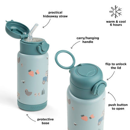 <tc>Done by Deer</tc> Thermos-flaske med sugerør, Tiny Farm Blue, 340 ml