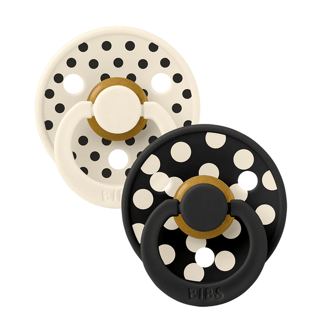 BIBS Spenen Maat 1 Pacifier Studio Colour 2 pack Polka Latex Anatomical Ivory/Black koop je bij Babywinkel