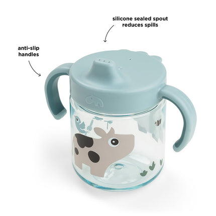 Leerbeker met tuit en handvatten Tiny farm Blue koop je bij Babywinkel